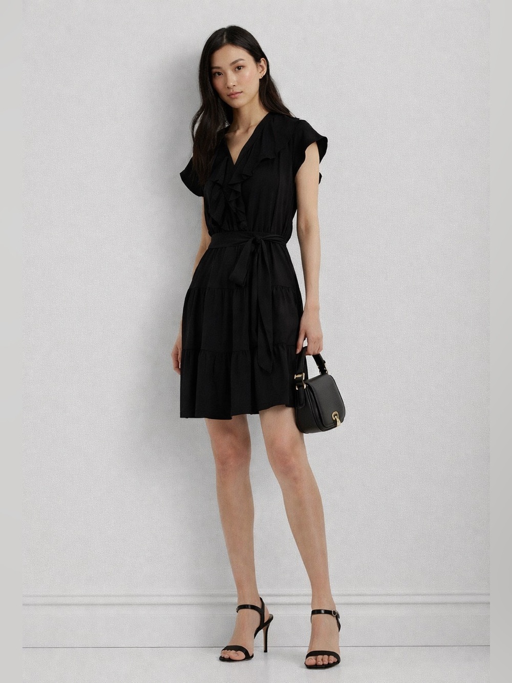 NWT Lauren Ralph Lauren Belted Ruffle-Trim Satin Black dress Size 6